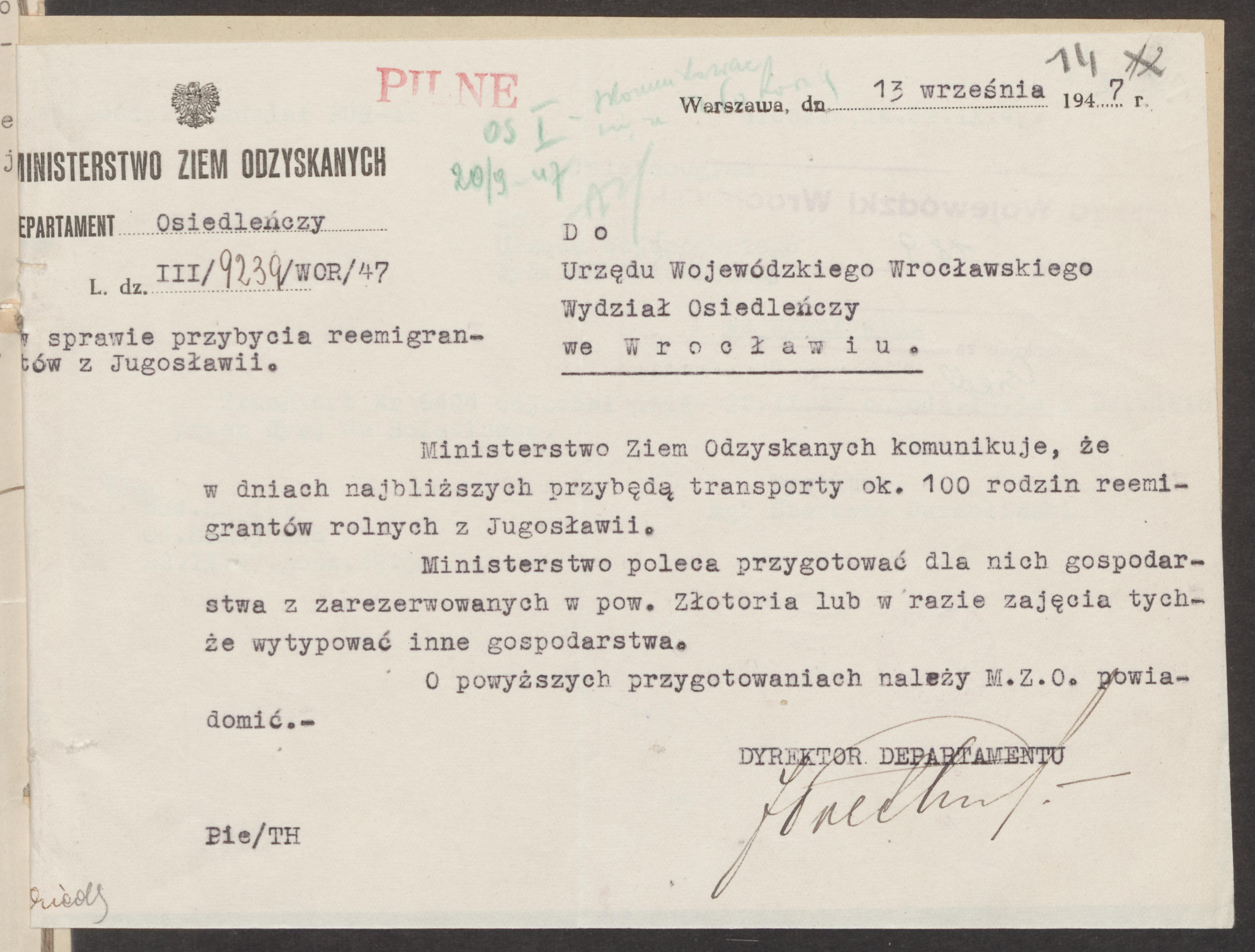 Dokument 26: Komunikat Ministerstwa Ziem Odzyskanych do Urzędu Wojewódzkiego Wrocławskiego z dnia 13.09.1947 r. o przybyciu transportów ok. 100 rodzin reemigrantów z Jugosławii
